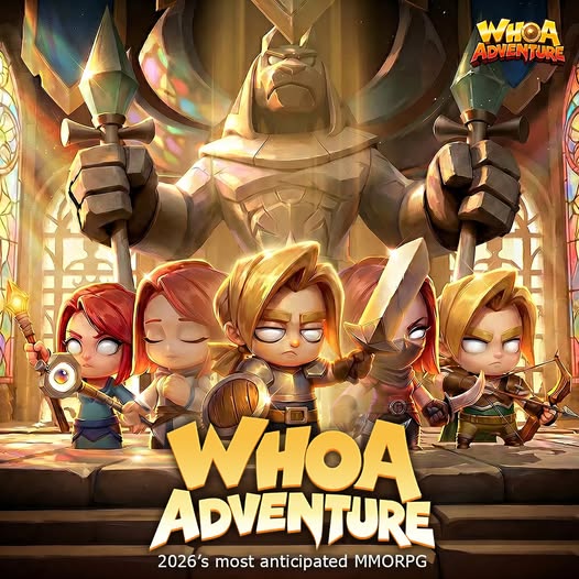 Whoa Adventure heroes gathered beneath a guardian statue